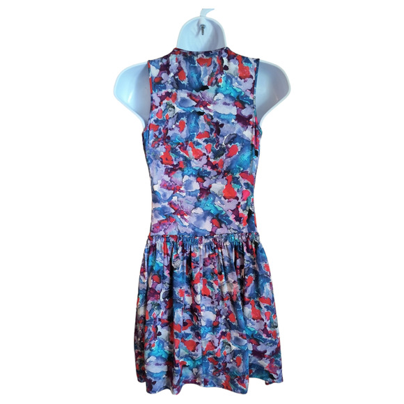 Theory Silk Watercolor Mini Dress Women's Size 0 Blue Sleeveless Side Pockets - Picture 5 of 16